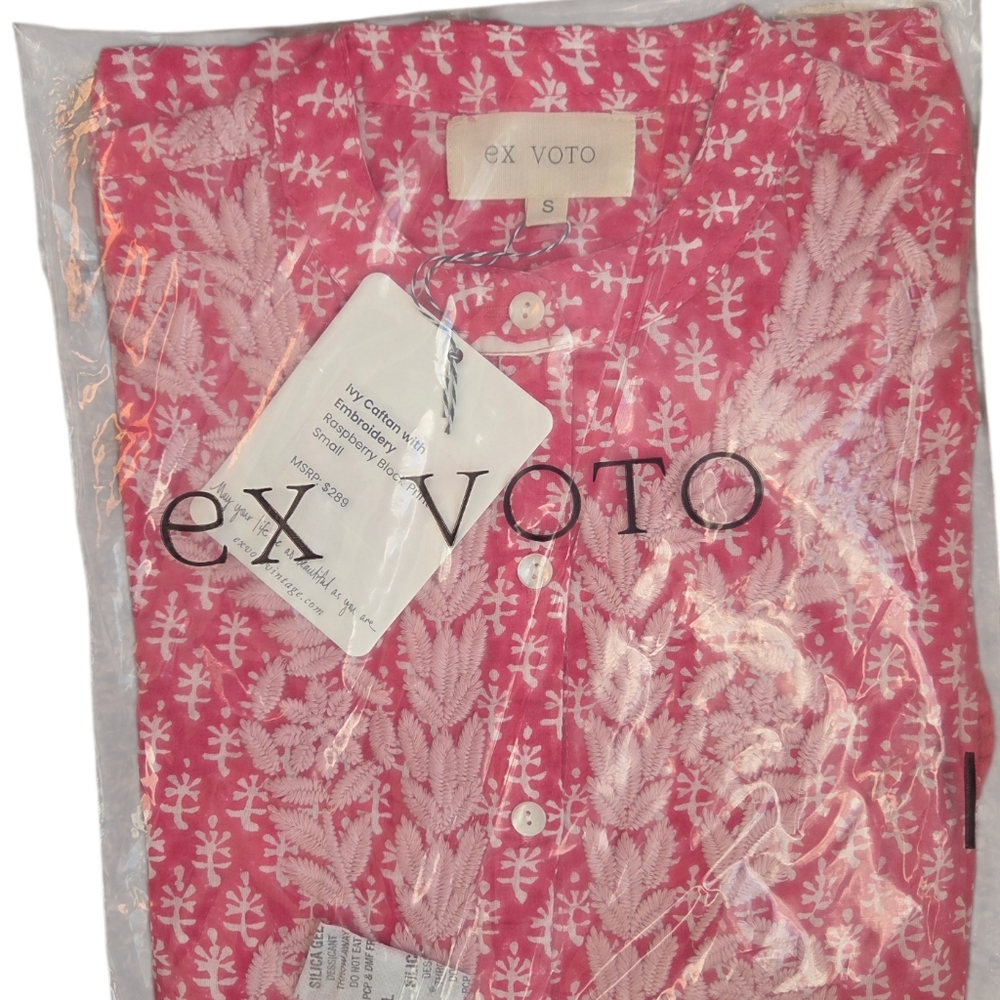 NWT Ex Voto Ivy Caftan Midi Dress Raspberry Block Print Embroidered Belt Size S - Picture 3 of 5